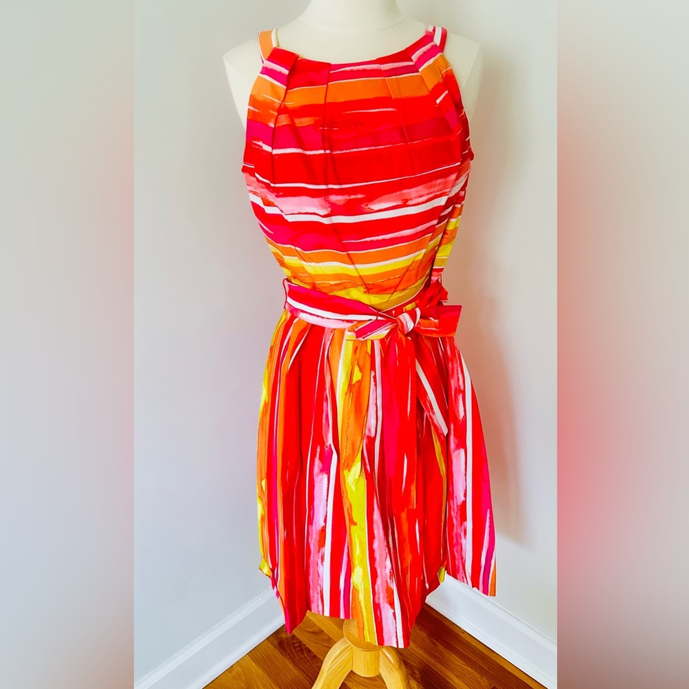 Chetta B Red and Yellow Pleated Sundress Halter Neck Belted Wedding Guest 8